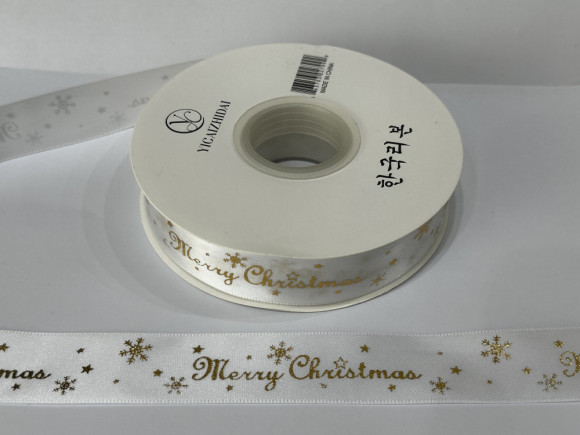 Стрічка атласна з орнаментом 2,5 см. № Merry Christmas 01